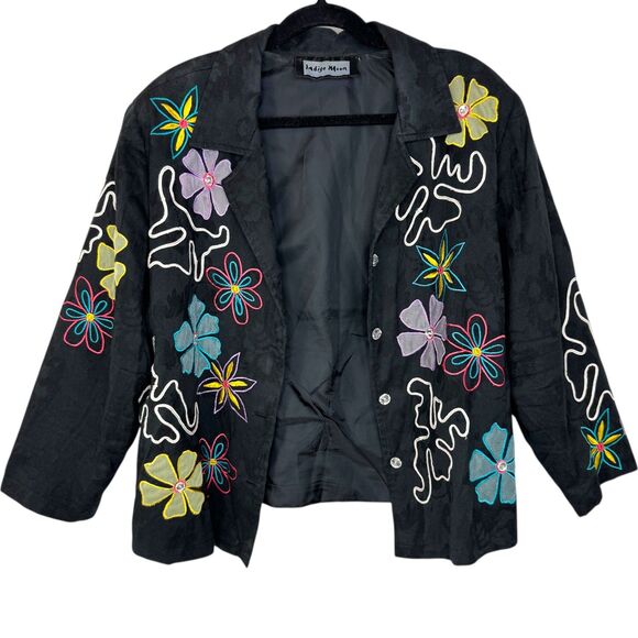 Jackets & Blazers - Indigo Moon Black contrast floral print Jacket embroidered funky design